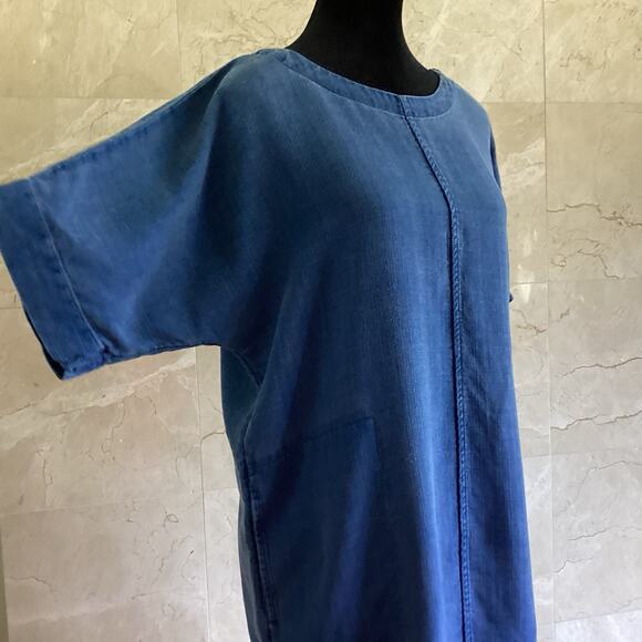 PureJill Indigo Shift Dress SP Denim Chambray Short Sleeve Fall Lagenlook Boxy - Picture 7 of 11